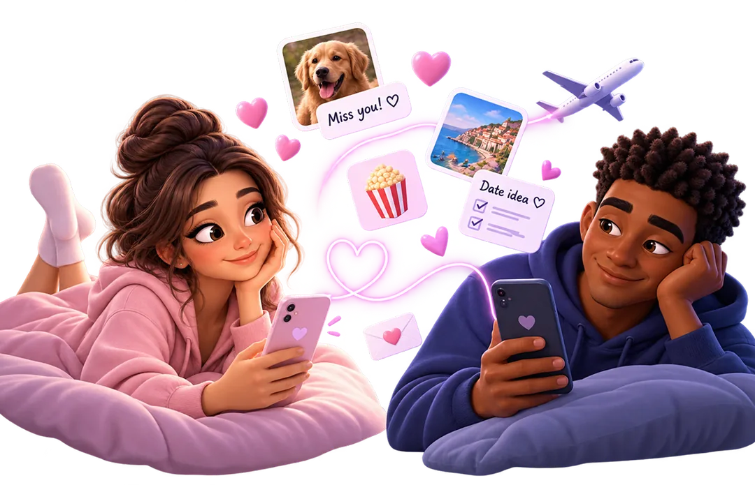 Una pareja a distancia en sus teléfonos, conectada por fotos, mensajes e ideas de citas compartidas